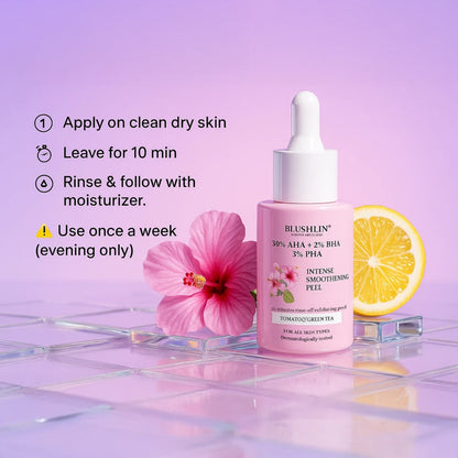 Blushlin 30% AHA Exfoliating Peel Solution for Instant 10-Minute Glow | Glycolic + Lactic + Fruit Acids | Removes Dead Skin, Reduces Tan & Pigmentation | Reveals Smooth, Radiant Skin | 30 ml