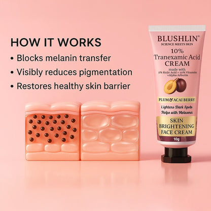 10% Tranexamic Acid Cream helps Pigmentation, Even Skin Tone, Reduce Dark Spots, Blemishes and Scars - 10gm