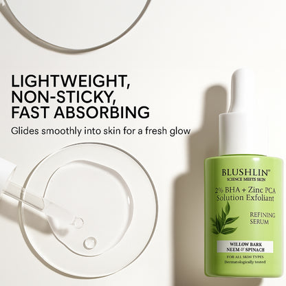 Blushlin Salicylic Acid Serum 2% with Neem, Tea Tree & Ceramidine | Fights Acne, Clears Blackheads, Controls Oil