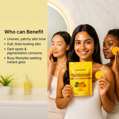 Kojic Acid + Turmeric Face Pads for Brightening & Clear Skin – Gentle Exfoliation, Calming & Refreshing Wipes for Daily Glow